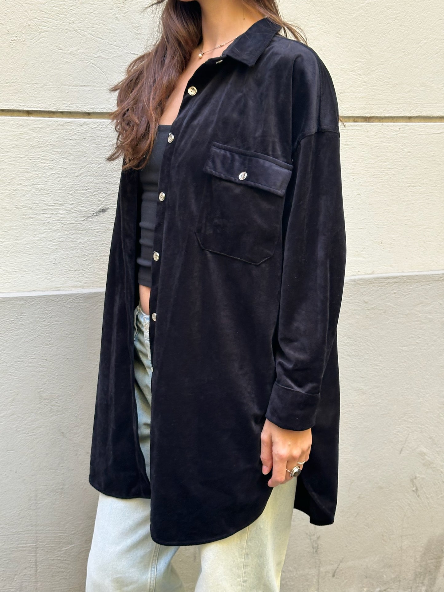 Vintage Velvet Black Button Down Shirt Jacket M/L