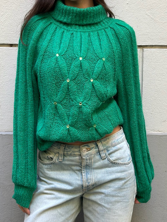Vintage Emerald Green Mohair Cable Knit Rhinestone Turtleneck Sweater M