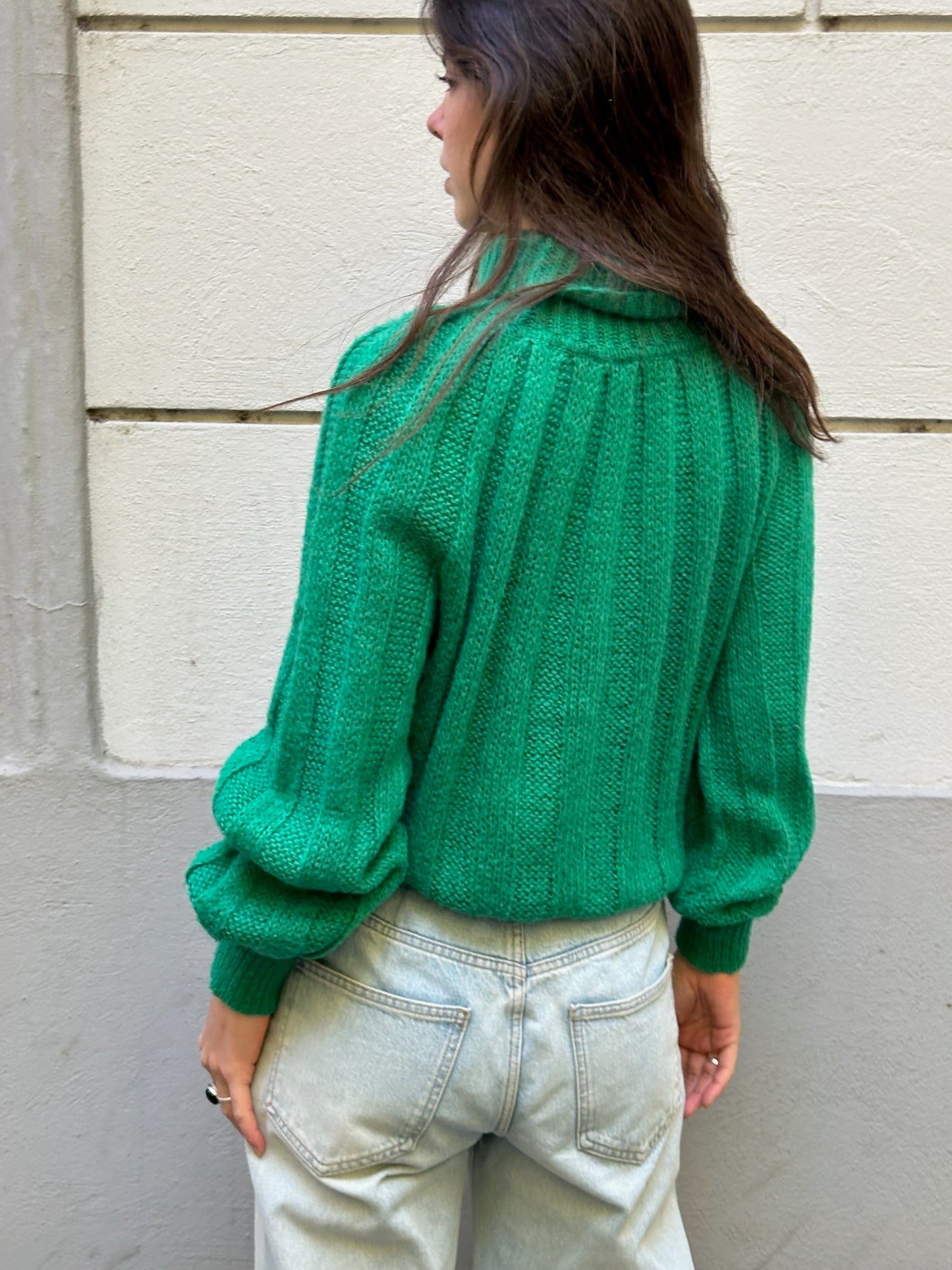 Vintage Emerald Green Mohair Cable Knit Rhinestone Turtleneck Sweater M