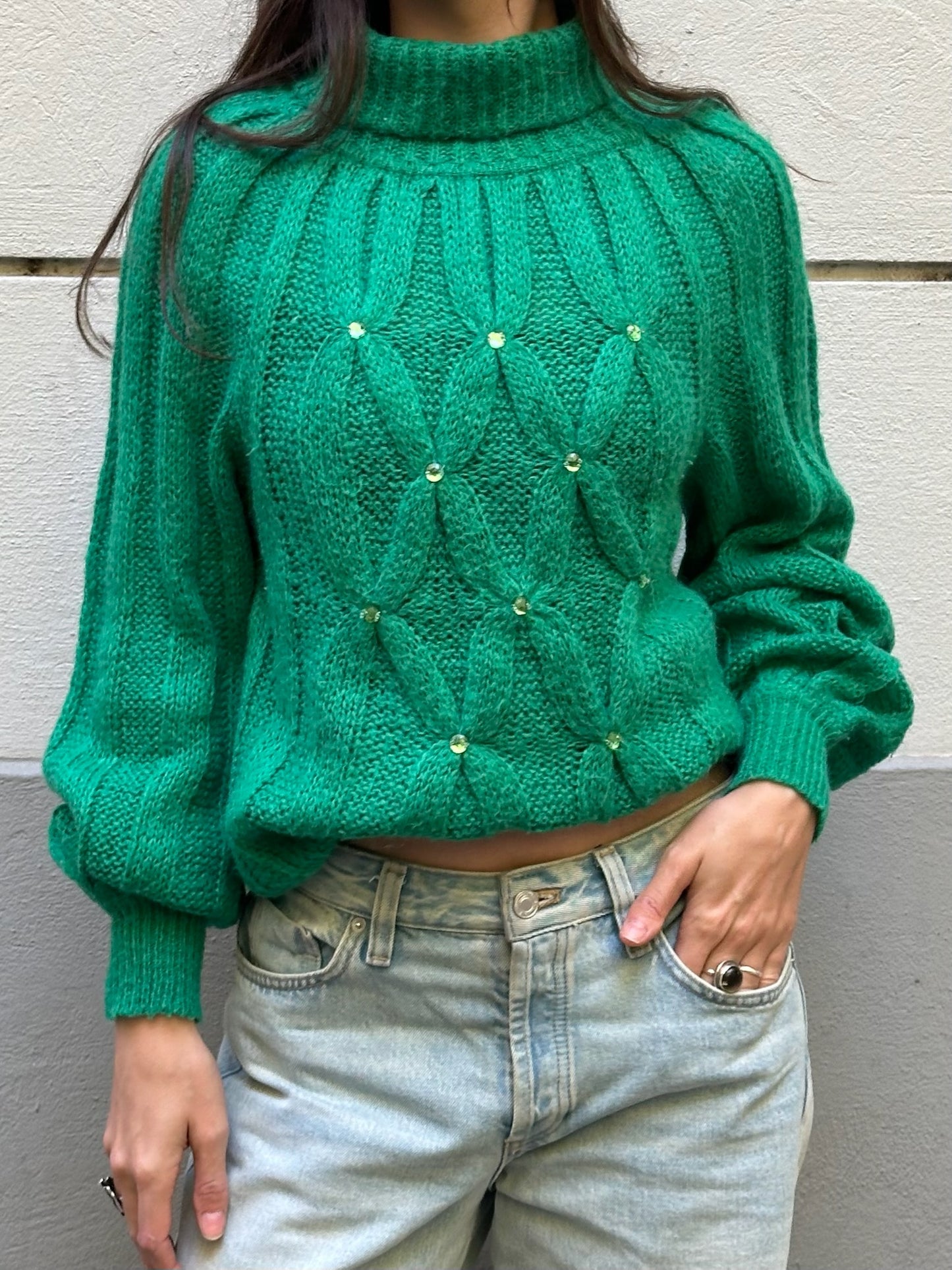 Vintage Emerald Green Mohair Cable Knit Rhinestone Turtleneck Sweater M