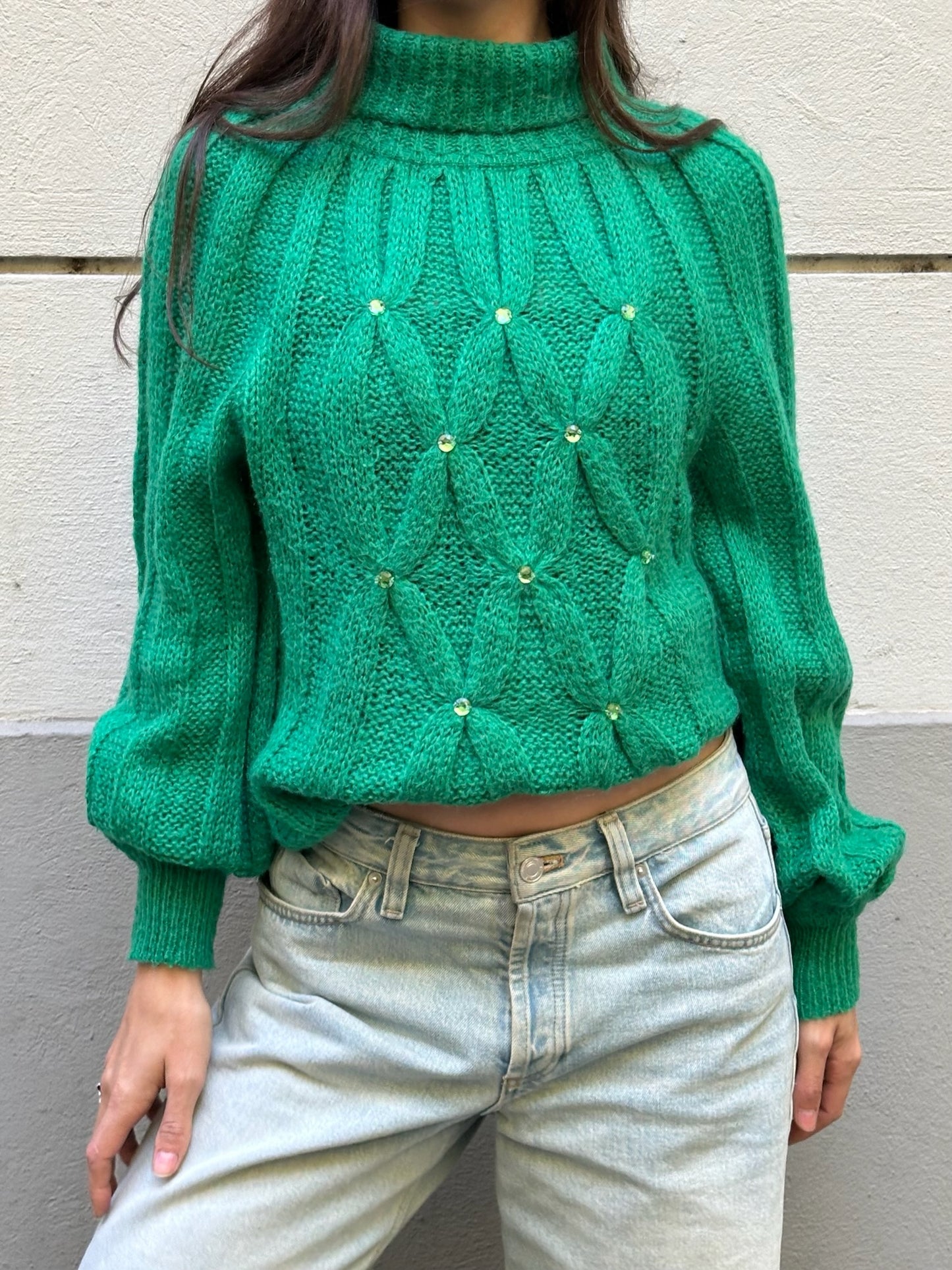 Vintage Emerald Green Mohair Cable Knit Rhinestone Turtleneck Sweater M