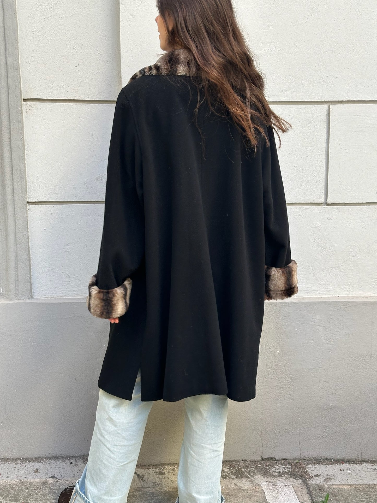 Vintage Black Wool Faux Fur Coat L