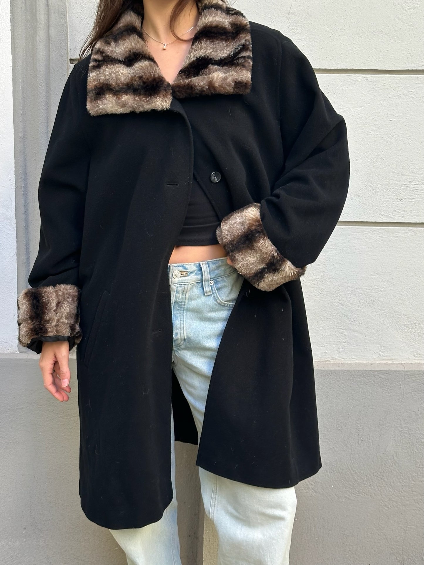 Vintage Black Wool Faux Fur Coat L