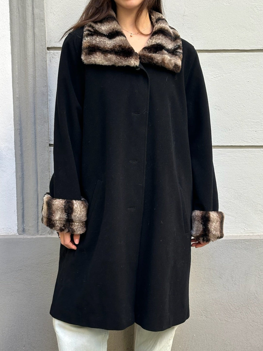 Vintage Black Wool Faux Fur Coat L