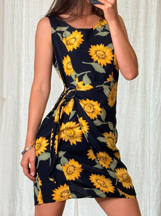 Vintage 100% Viscose Sunflower Print Belt Dress M
