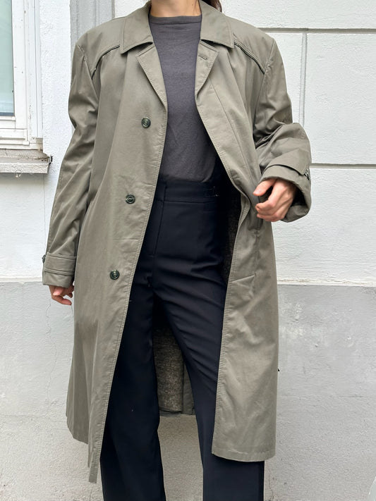 Vintage 100% Cotton Khaki Trench Coat With Warm Lining M