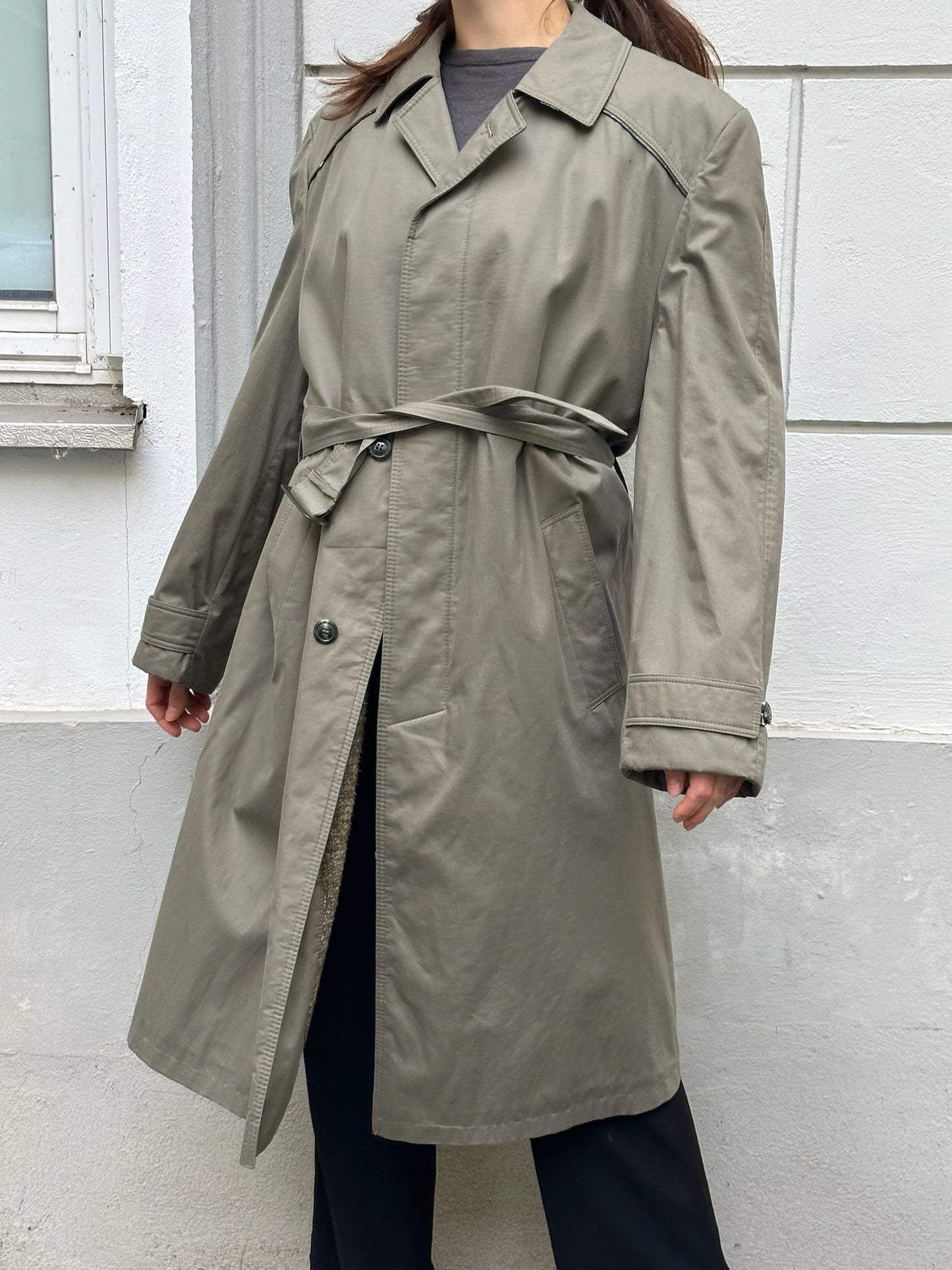 Vintage 100% Cotton Khaki Trench Coat With Warm Lining M