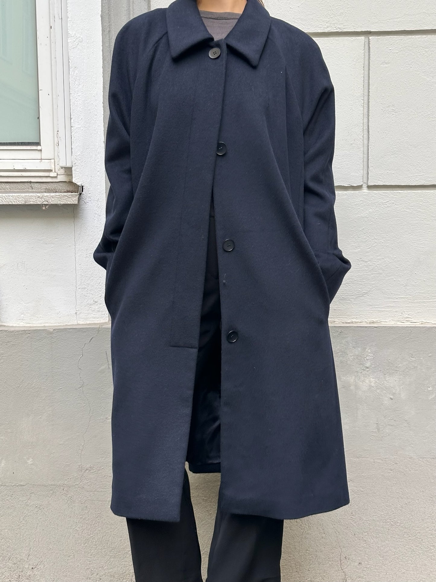 Wool Blend Dark Navy Long Coat L/XL