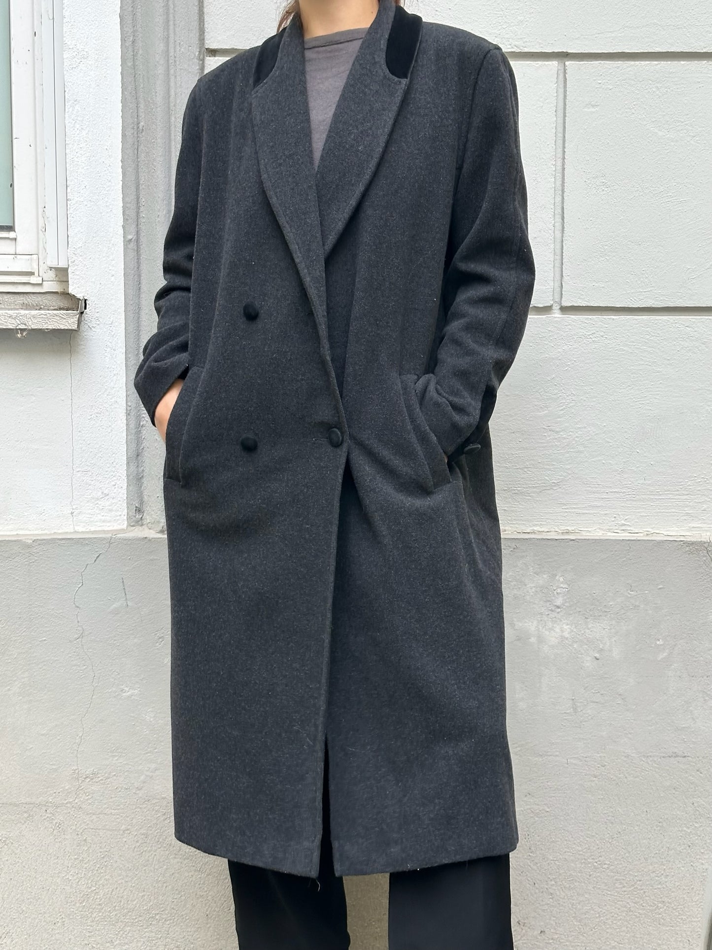 Vintage Wool Blend Gray & Velvet Collar Maxi Coat M