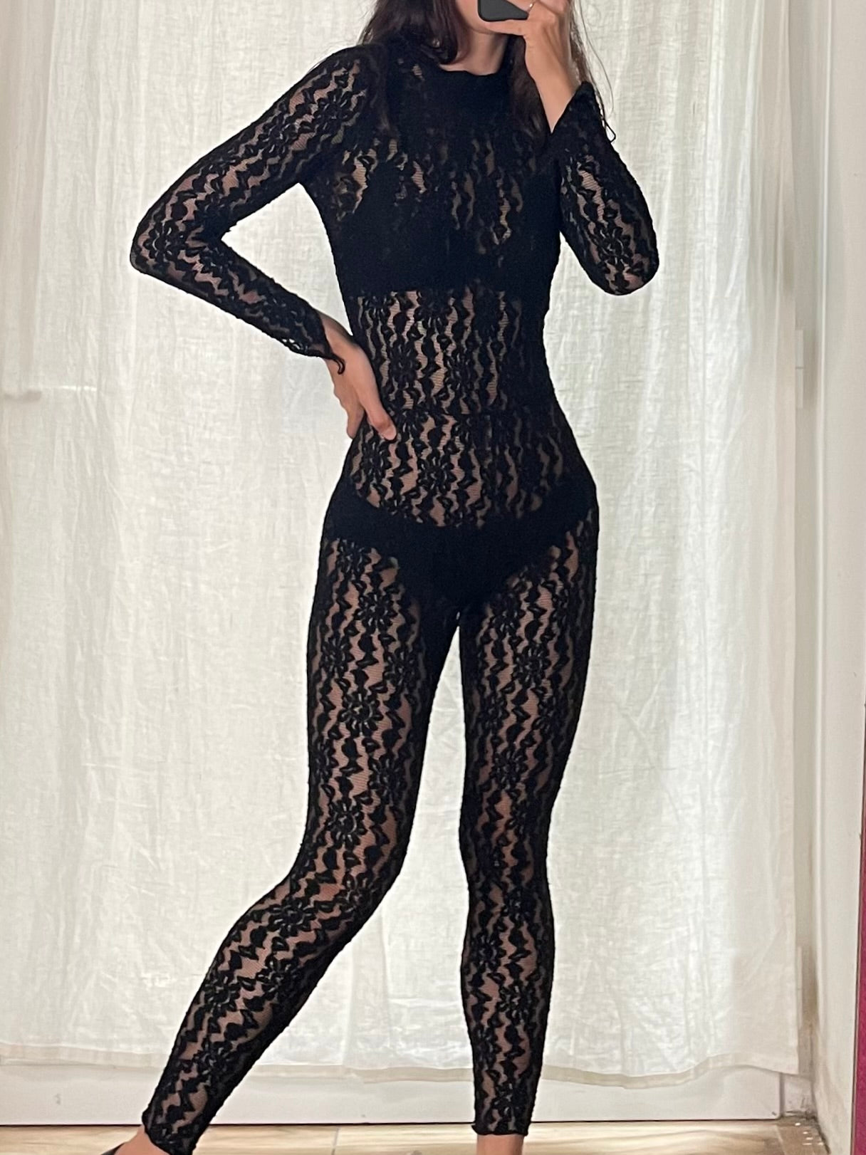 Vintage Black Lace Lingerie One Piece Cat Suit XS/S