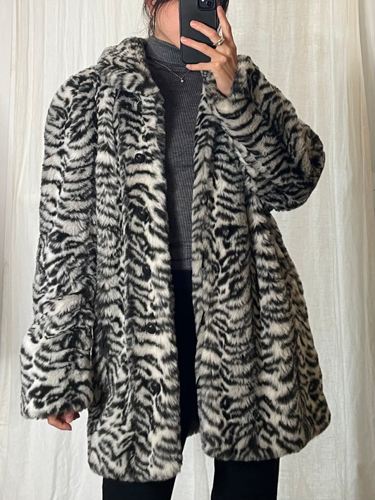 Vintage Zebra Print Fluffy Faux Fur Coat M