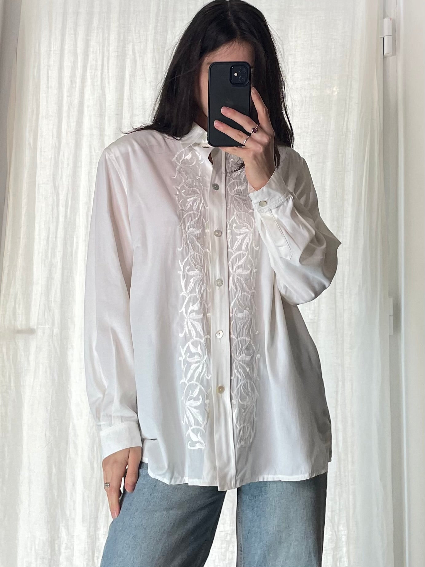 Vintage White Embroidered Button Down Blouse M