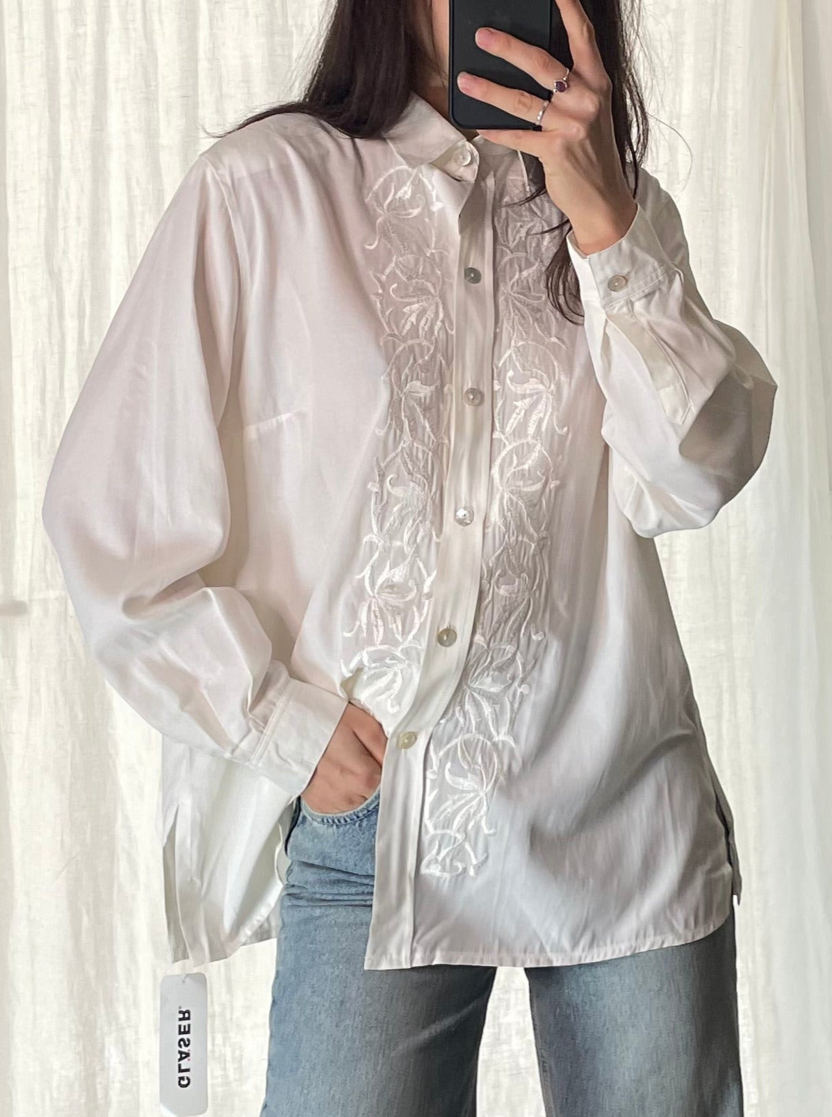 Vintage White Embroidered Button Down Blouse M