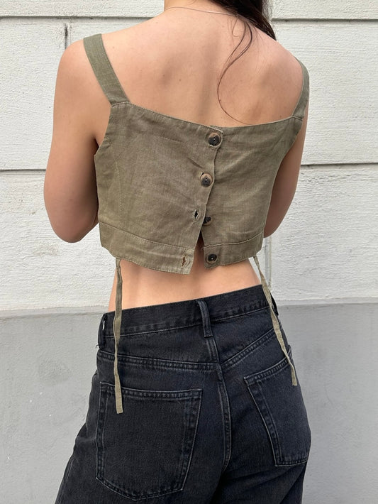 Vintage Olive Green Strappy Button Back Crop Top M
