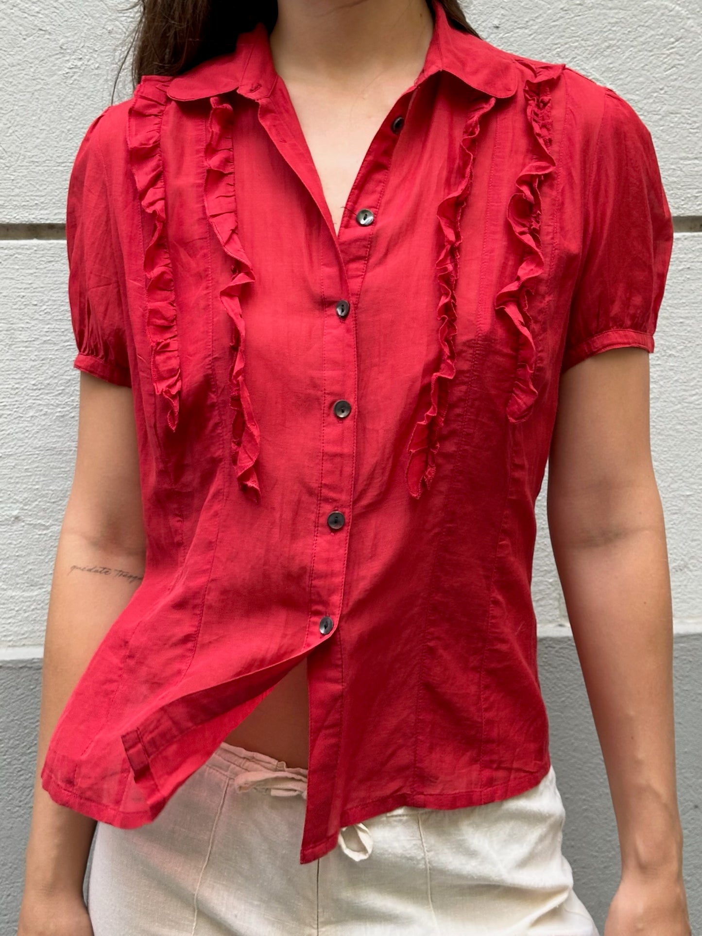 Vintage 100% Cotton Cherry Red Ruffle Front Blouse S