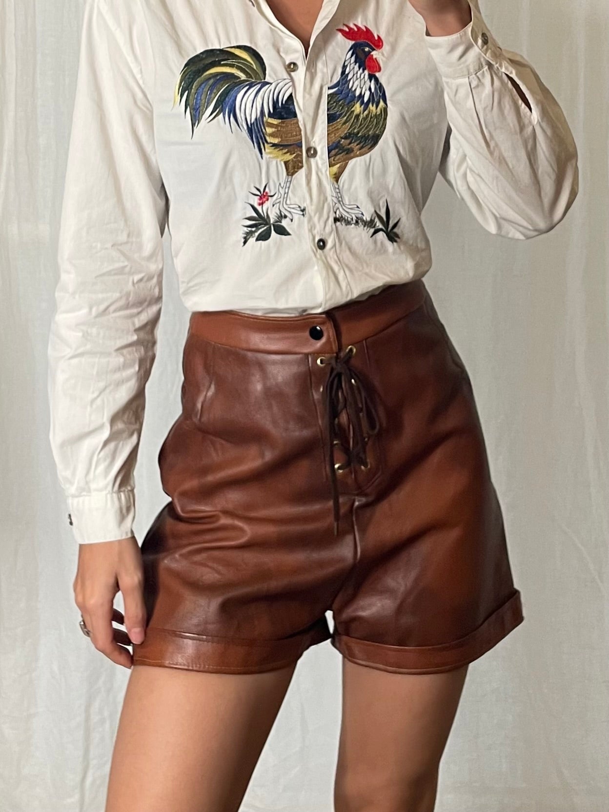 Vintage 100% Genuine Leather High Waisted Brown Lace Up Shorts XS EU 34