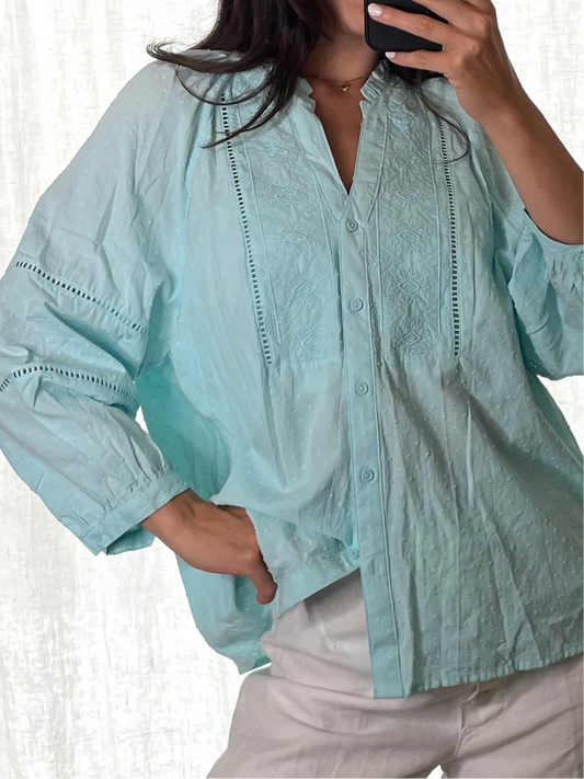 Vintage Light Turquoise Button Down Embroidered Blouse M