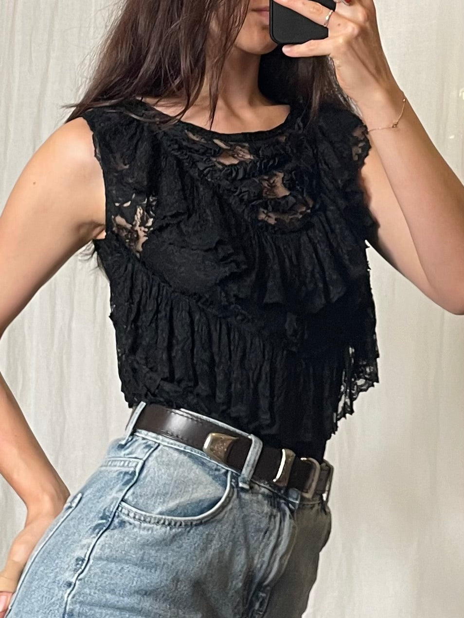 Vintage Black Lace Ruffle Top S