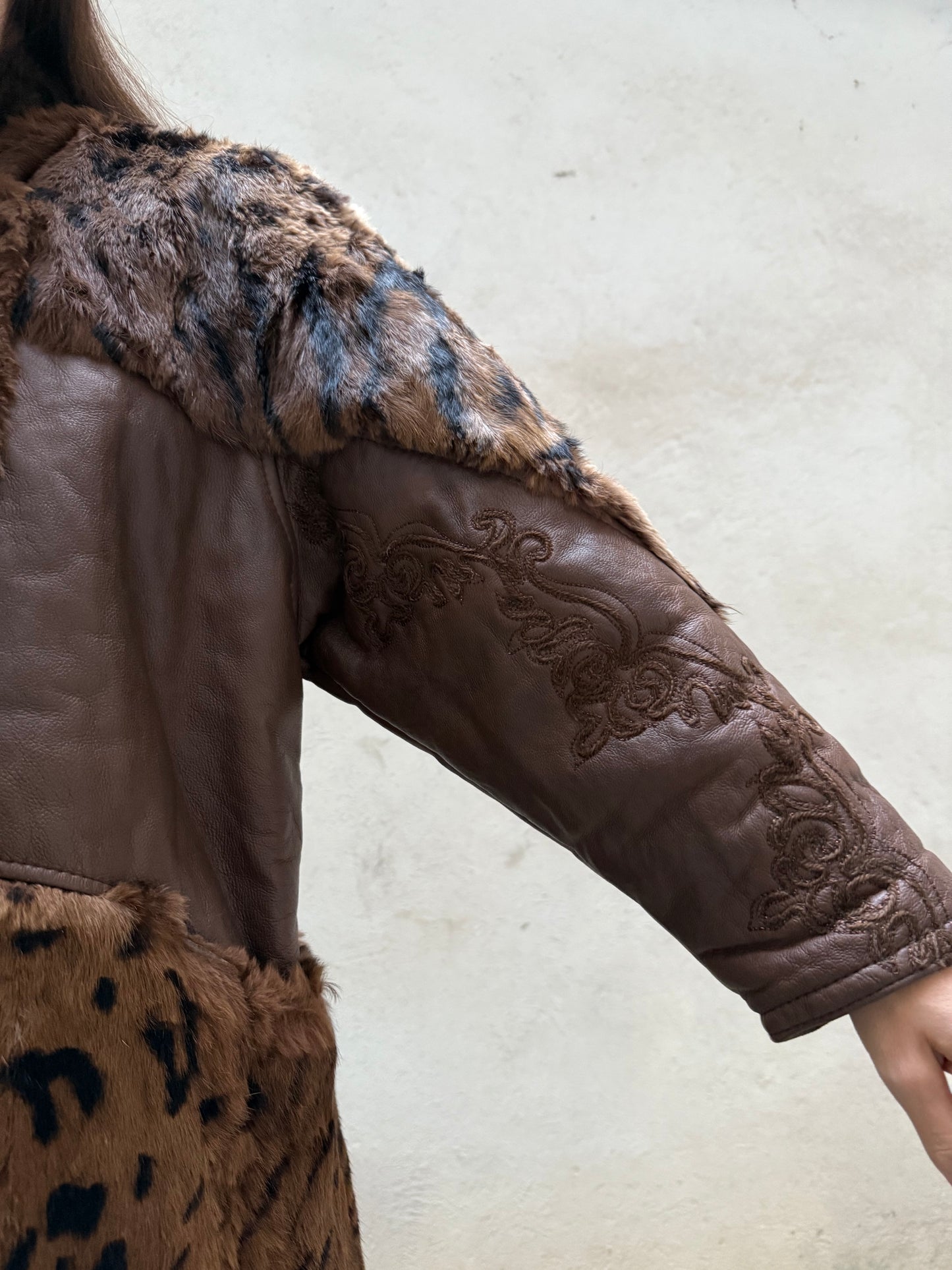 Vintage Tiger/Cheetah Real Lamb Shearling & Fur Brown Embroidered Coat