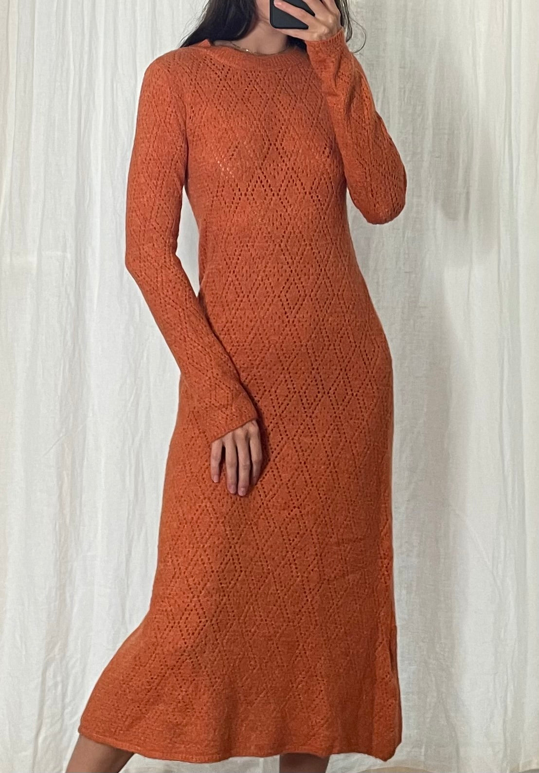 Orange Knitted Long Sleeve Maxi Dress S