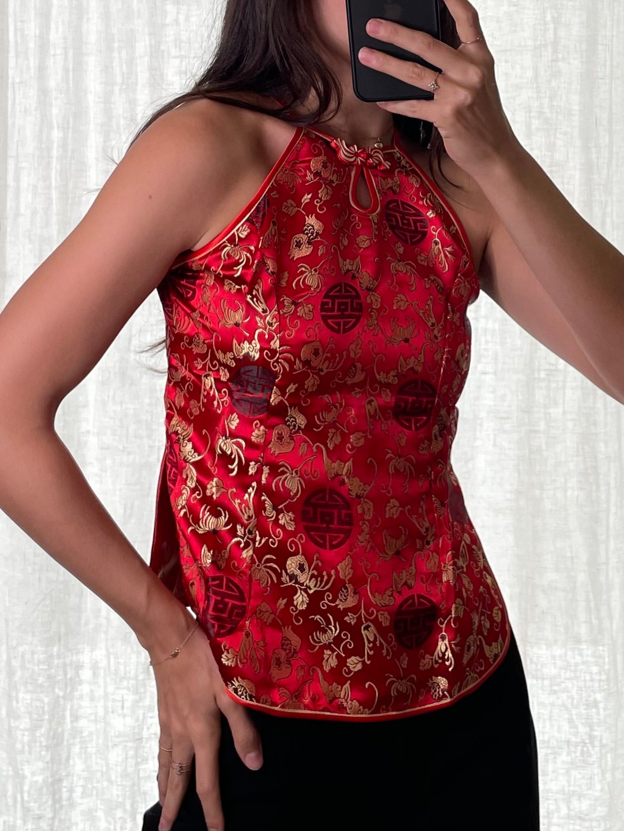 Vintage 100% Silk Red Asian/Oriental Top XS/S