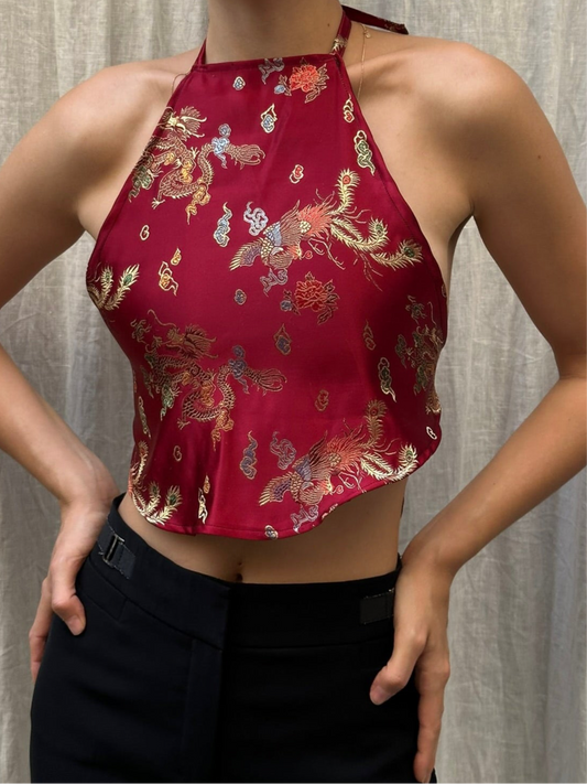Vintage Upycled 100% Silk Asian/Oriental Halter Top Dark Red S