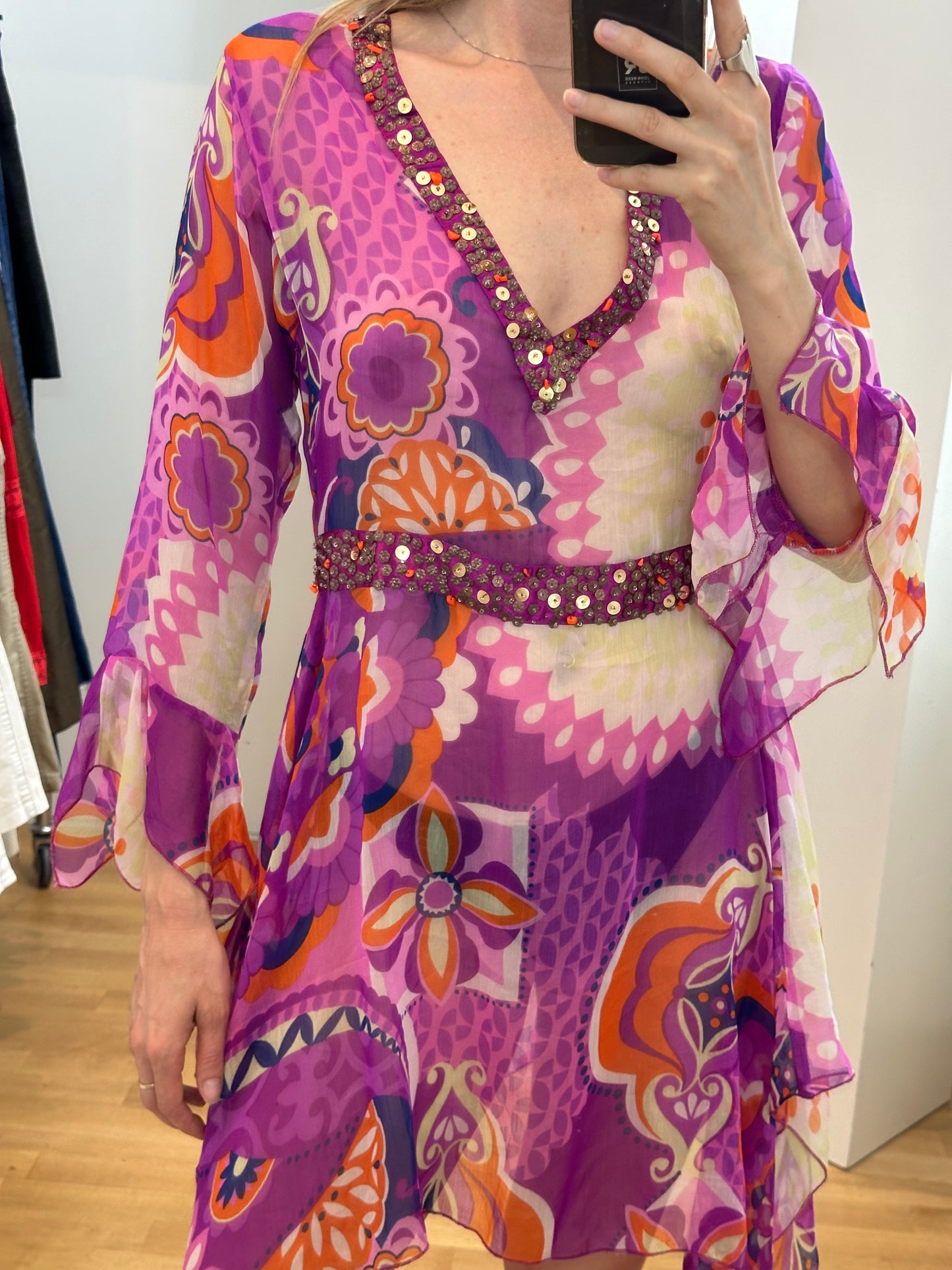 Colourful Printed Pink Multicolour Tunic Sheer Top S