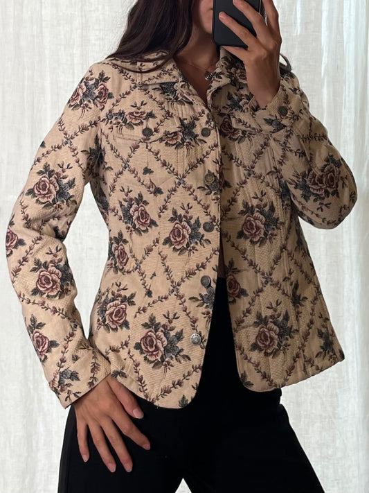 Vintage Cotton Blend Floral Beige Printed Jacket M