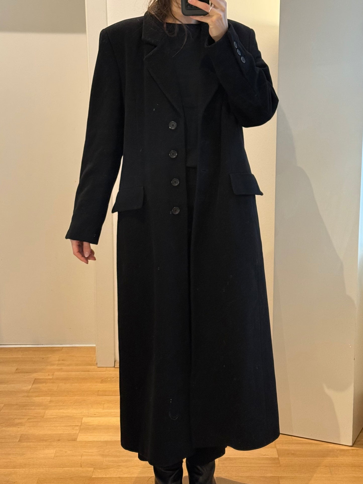 Vintage Black Wool & Cashmere Maxi Coat M