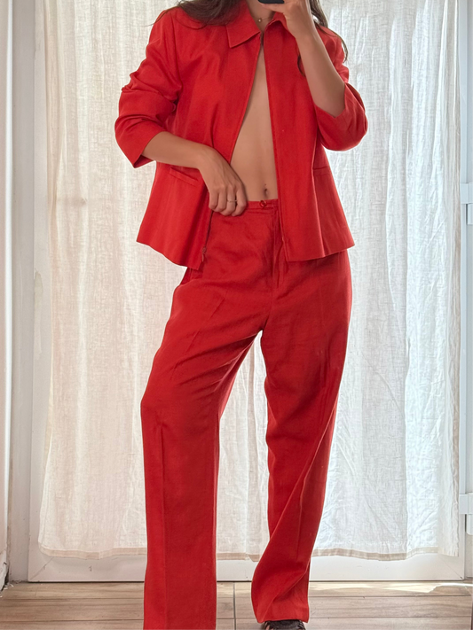 Vintage Bright Orange Linen/Viscose Two Piece Jacket & Pants Set M/L