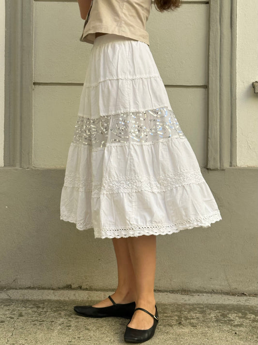 Vintage 100% Cotton Tiered Midi Sparkly Lace Pannel Skirt S