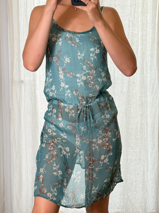 Vintage 100% Silk Blue Floral Sheer Dress S