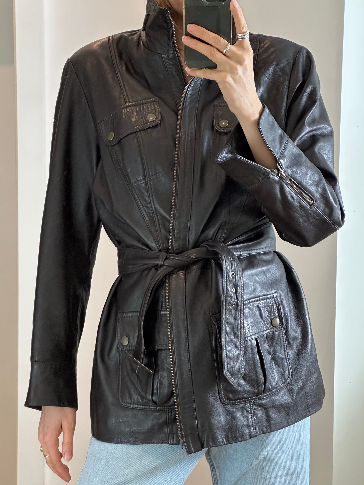 Vintage Belted Dark Brown Leather Jacket M/L
