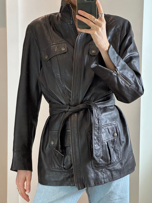 Vintage Belted Dark Brown Leather Jacket M/L