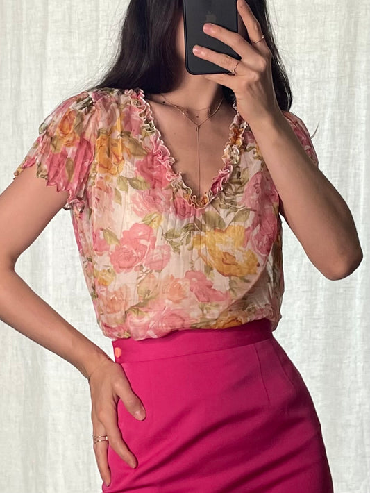 Vintage Floral Pink/Orange Ruffle Hem V-Neck Blouse S