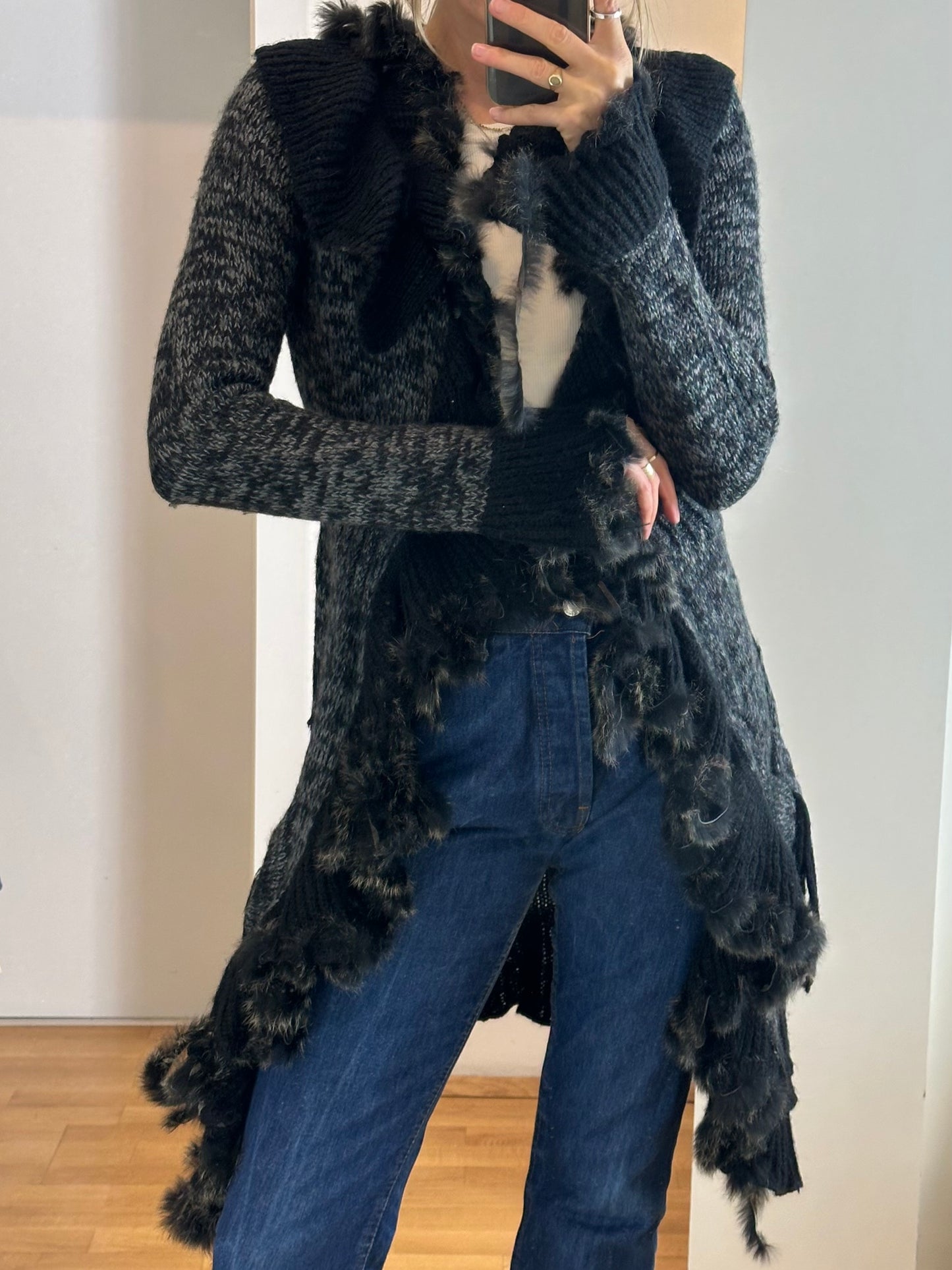 Gray Wool Mohair Fur Long Cardigan S