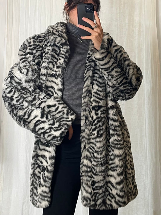 Vintage Zebra Print Fluffy Faux Fur Coat M