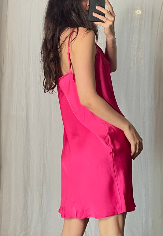 90’s Style Hot Pink Satin Cowl Neck Slip Dress M/L