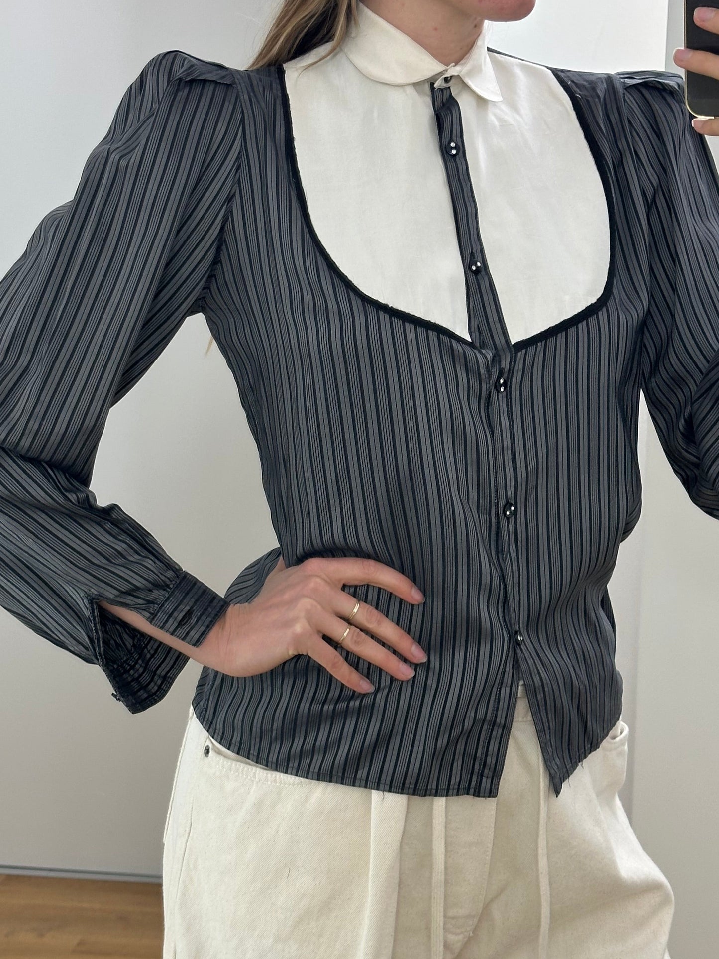 Vintage Silk White Gray Blouse S