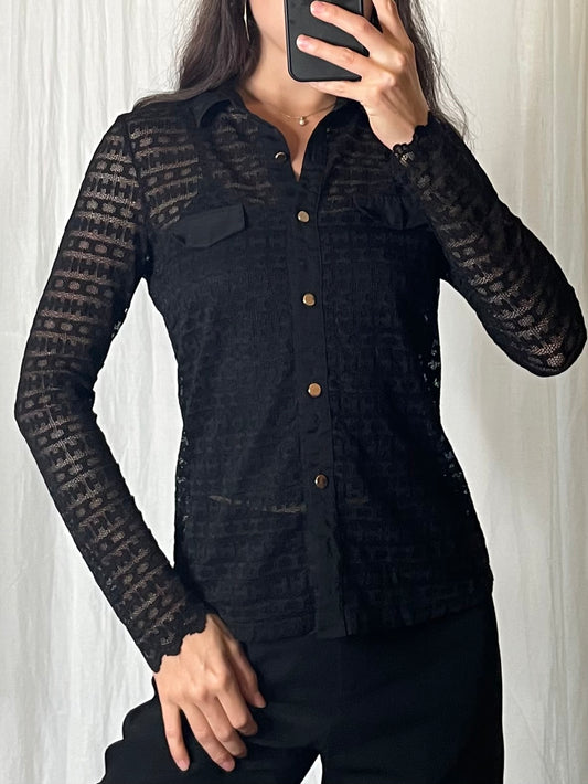 Vintage Black Lace Gold Button Up Blouse S