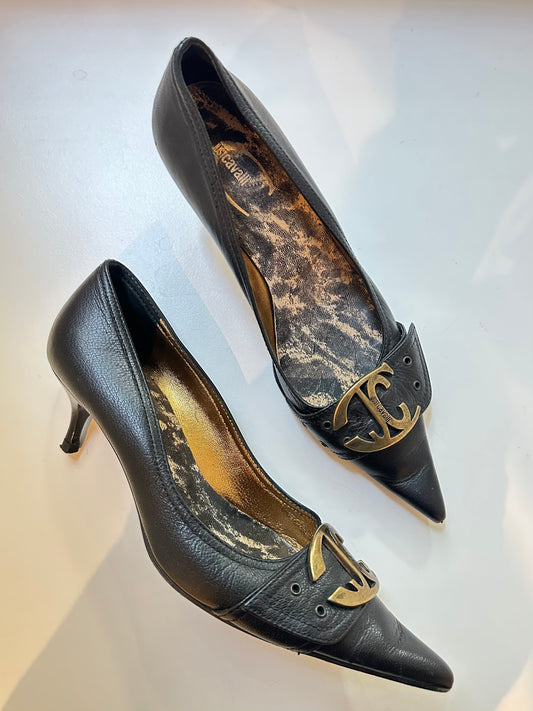 Just Cavalli Black Leather Kitten Heels 39