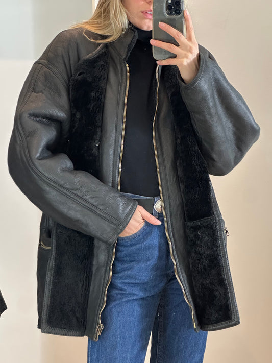 Vintage Black Shearling Jacket L