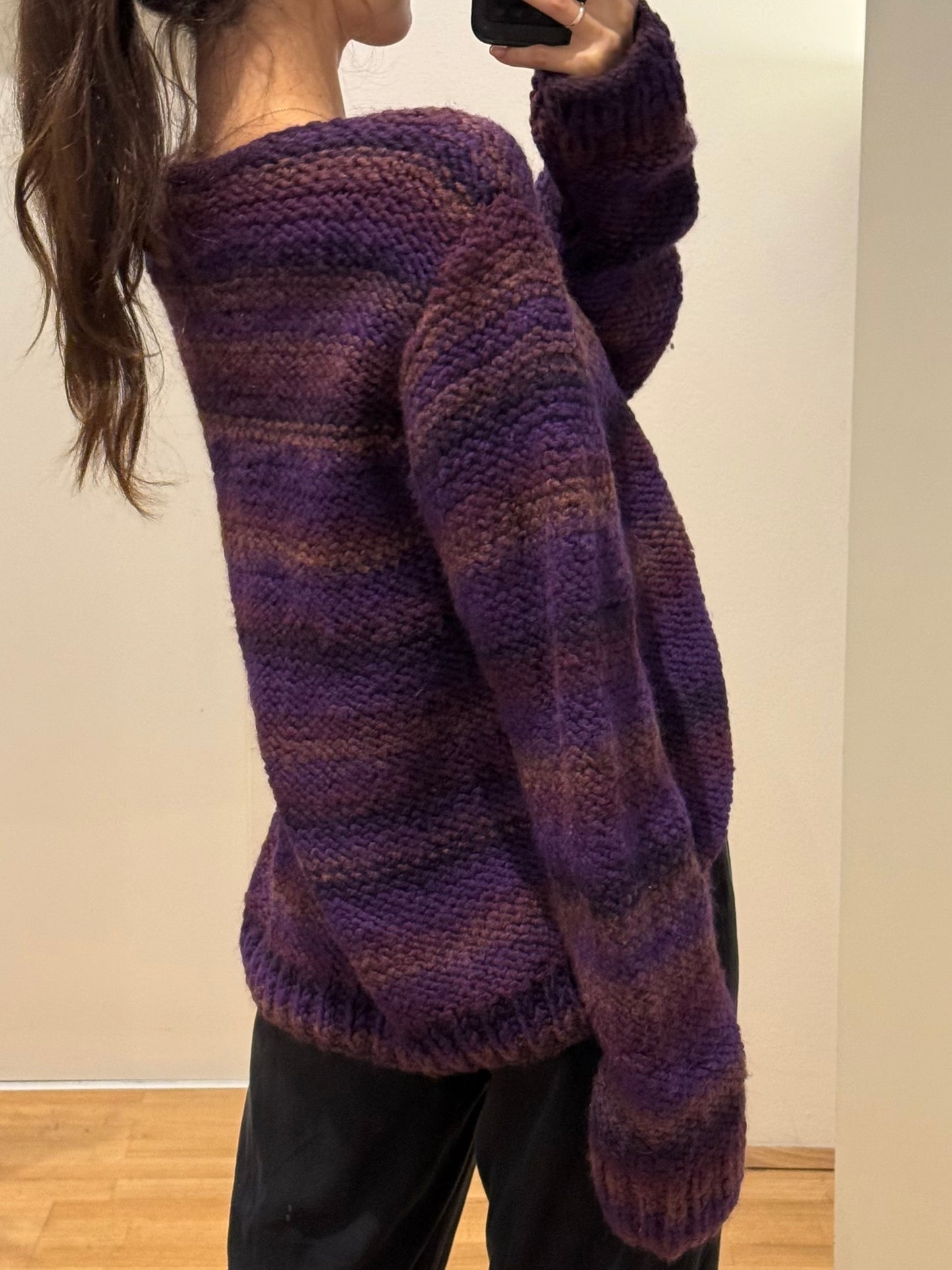 Vintage Wool Handmade Purple Stripe Cardigan Sweater L