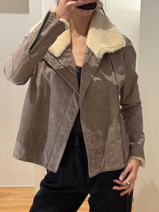 Vintage 100% Genuine Leather Taupe Faux Shearling Jacket XS