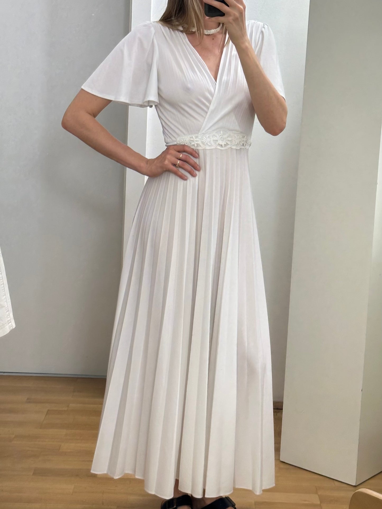 Vintage Pleated White Maxi Gown Dress S