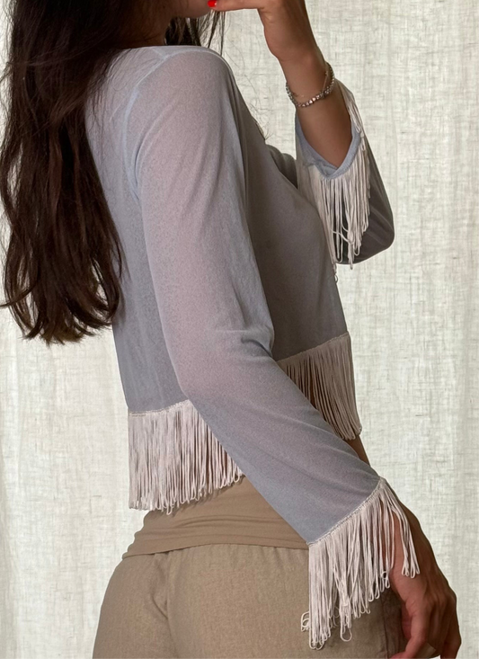 Baby Blue Fringe Tassel Crop Top S