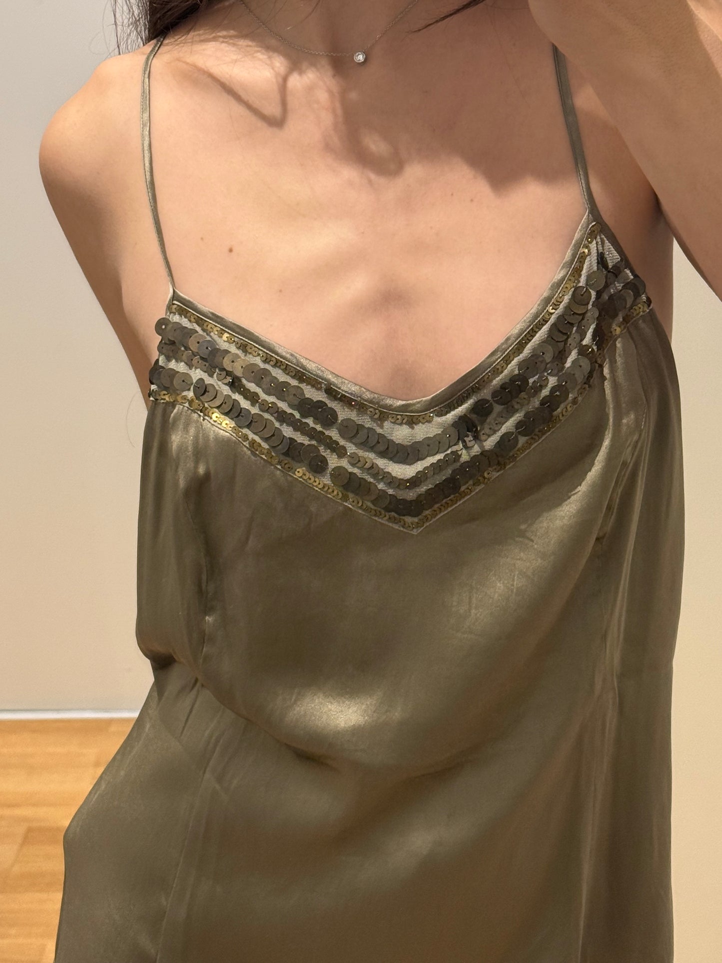 Shiny Taupe Silk Beaded Tank Top S/M