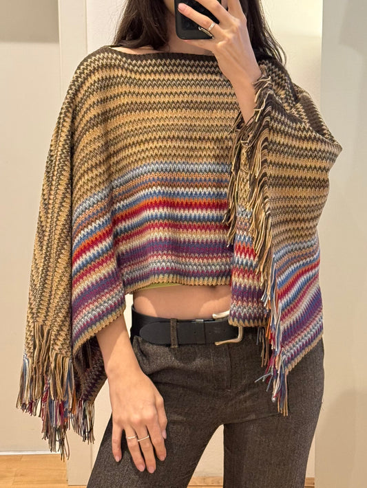 Vintage Missoni Wool Blend Muticolor Fringe Poncho One Size