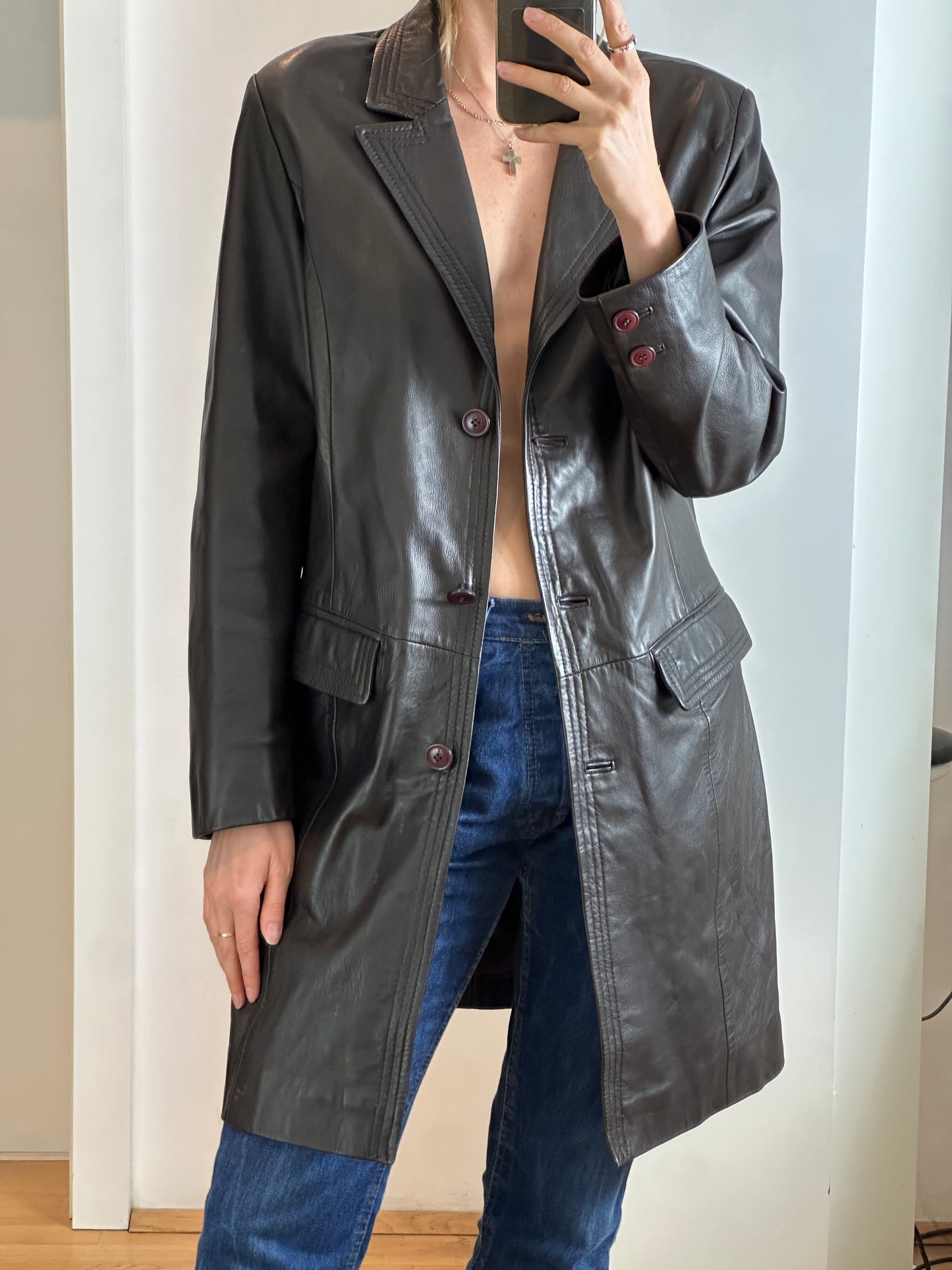 Vintage Dark Brown Leather Coat L