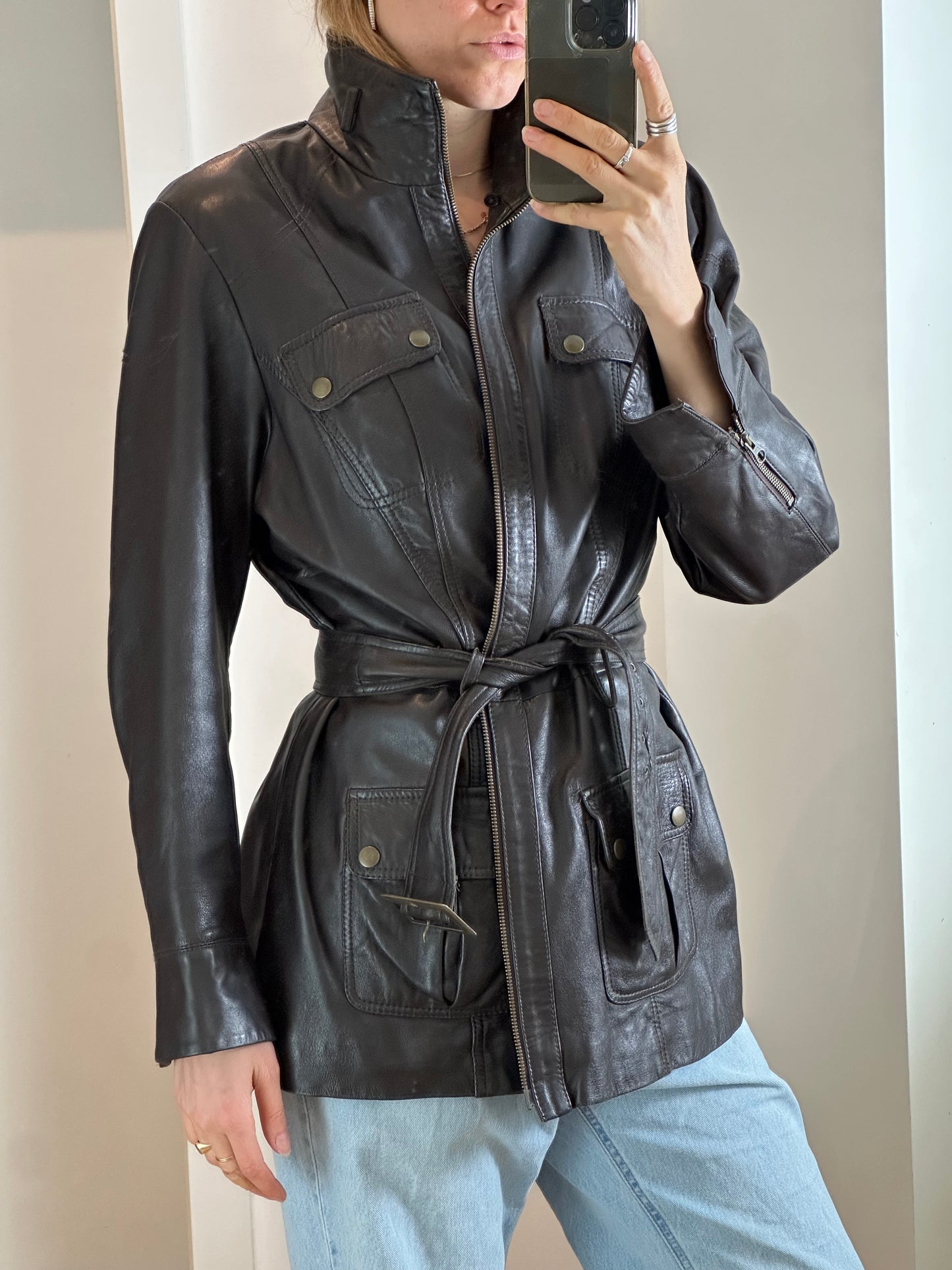 Vintage Belted Dark Brown Leather Jacket M/L